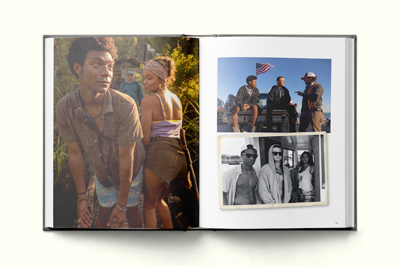 Open photo book showing young adults outdoors in sunlight on the left, and three photos of groups of friends on the right, one with an American flag in the background, all in casual settings.