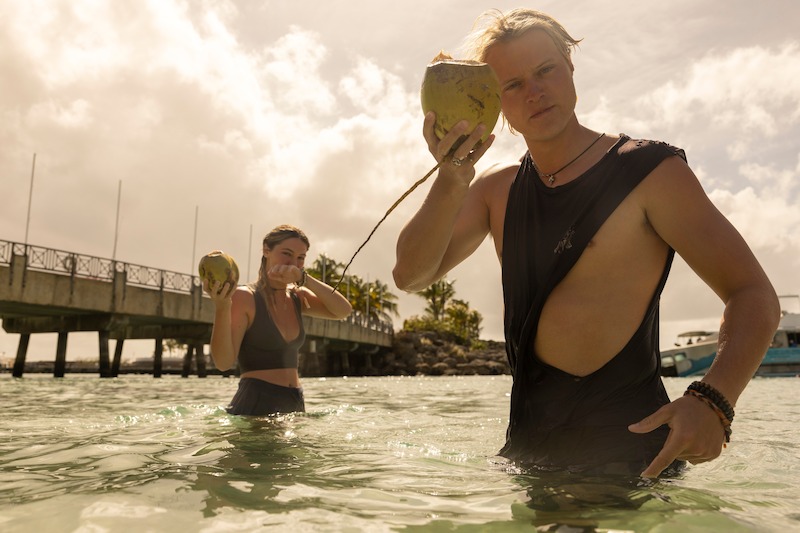 Madelyn Cline as Sarah Cameron and Rudy Pankow as JJ in Outer Banks Season 3 Behind-the-Scenes Photo Gallery
