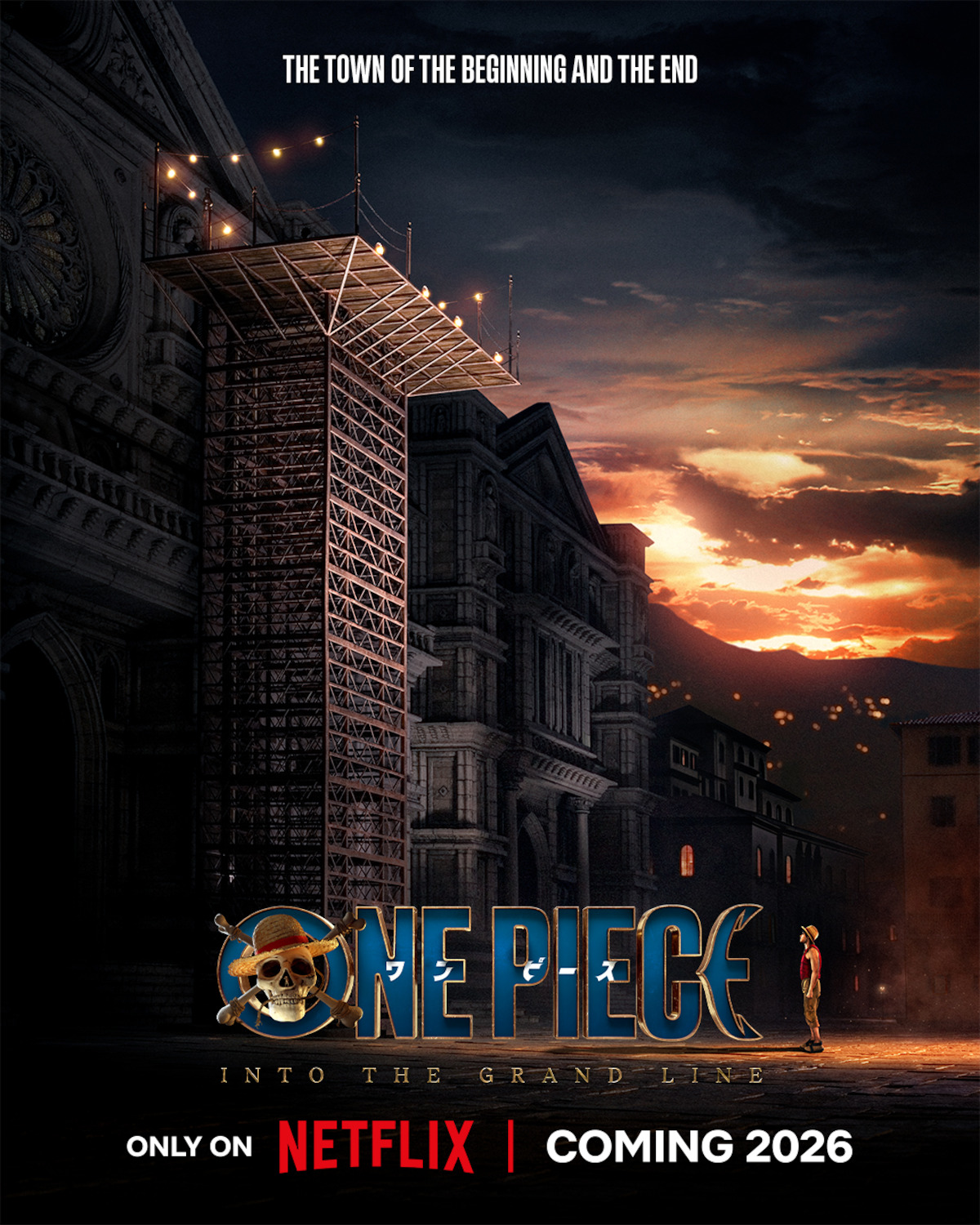 Key art for ‘ONE PIECE’ Season 2, featuring Iñaki Godoy as Monkey D. Luffy looking up at the execution platform in Loguetown.