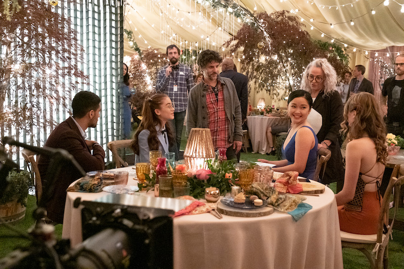 Anna Cathcart as Kitty Covey, Director Michael Fimognari , Lana Condor as Lara Jean Covey, and Janel Parrish as Margot Covey.