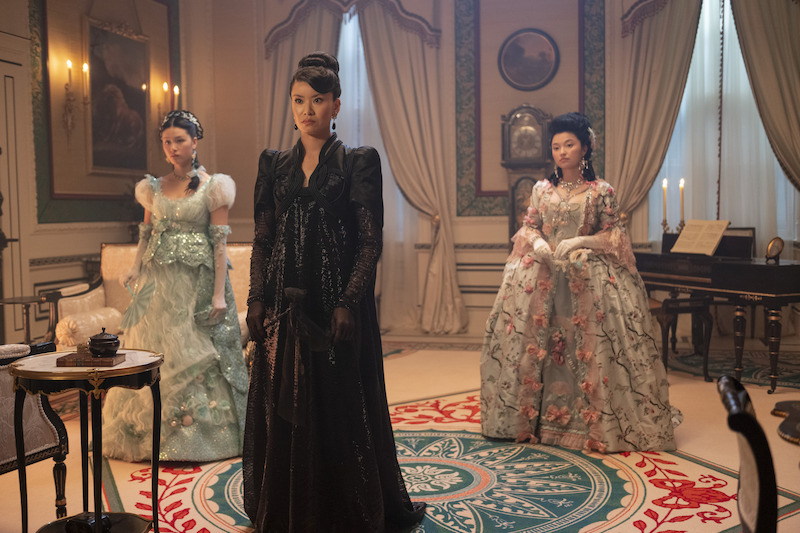 Isabella Wei as Posy Li, Katie Leung as Lady Araminta Gao, and Michelle Mao as Rosamund Li in 'Bridgerton' Season 4.