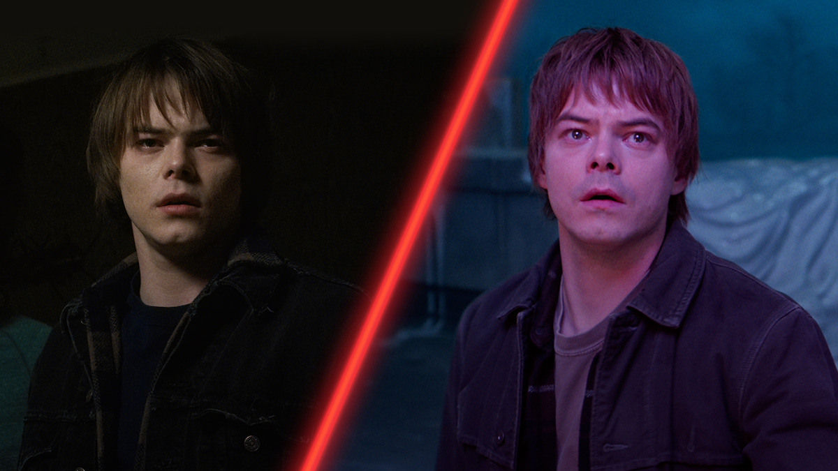 Diptych of Charlie Heaton as Jonathan Byers in ‘Stranger Things’ Season 1 and Season 5.