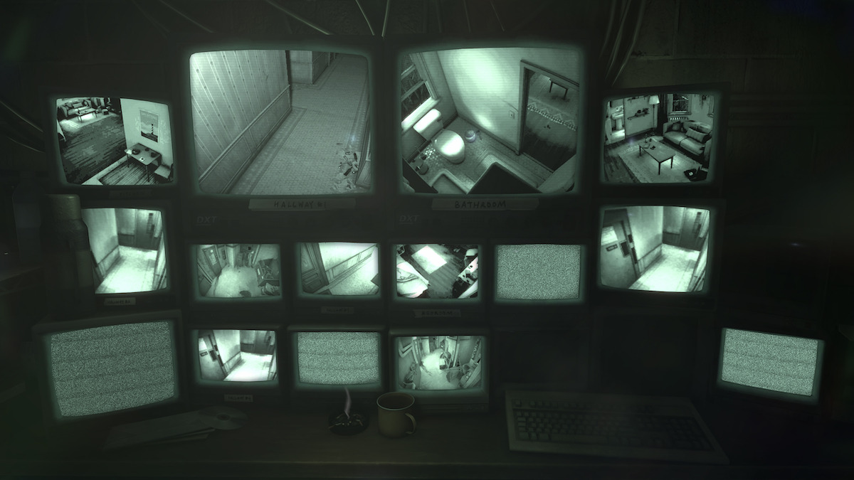 A security control room with multiple monitors showing black-and-white surveillance footage of various rooms and hallways, some screens displaying static, with a keyboard and coffee mug on the desk.