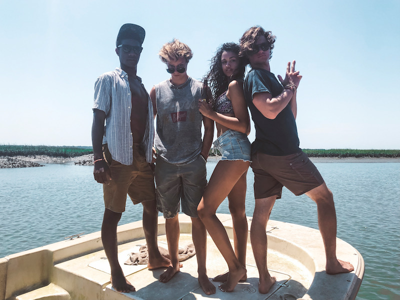 Jonathan Daviss, Rudy Pankow, Madison Bailey and Chase Stokes in Outer Banks Season 1 Behind-the-Scenes Photo Gallery.