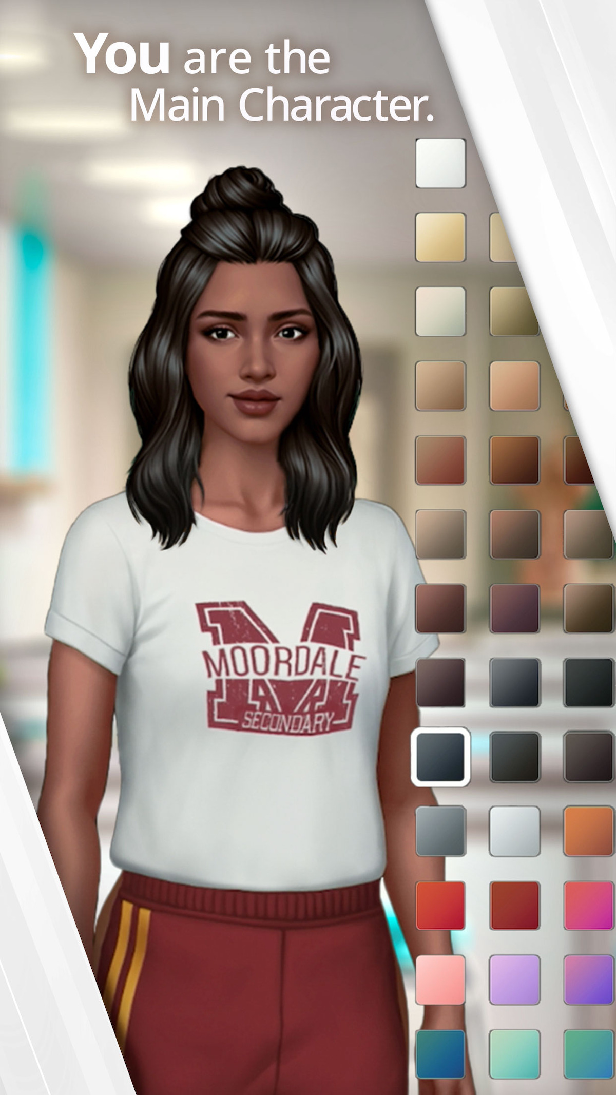 An in-game screenshot from the mobile game ‘Netflix Stories: Sex Education’, featuring a younger woman and some color customization options on the right-hand side.
