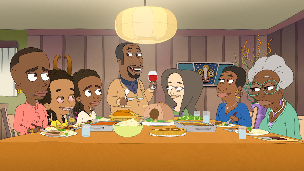 Big Mouth cartoon cast seated around the table. 
