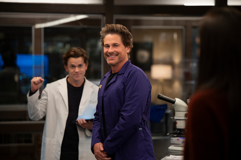 John Owen Lowe as Jackson and Rob Lowe as Ellis smile together in Season 2 of 'Unstable'