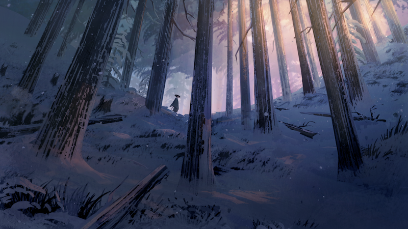 Samurai walking in a forest in winter.