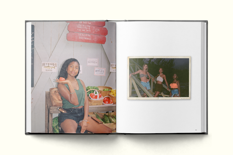 A young woman sits at a produce stand with fruits and vegetables, holding a tomato. On the right page, three young women pose together outdoors in summer clothing, standing on wooden steps at dusk.