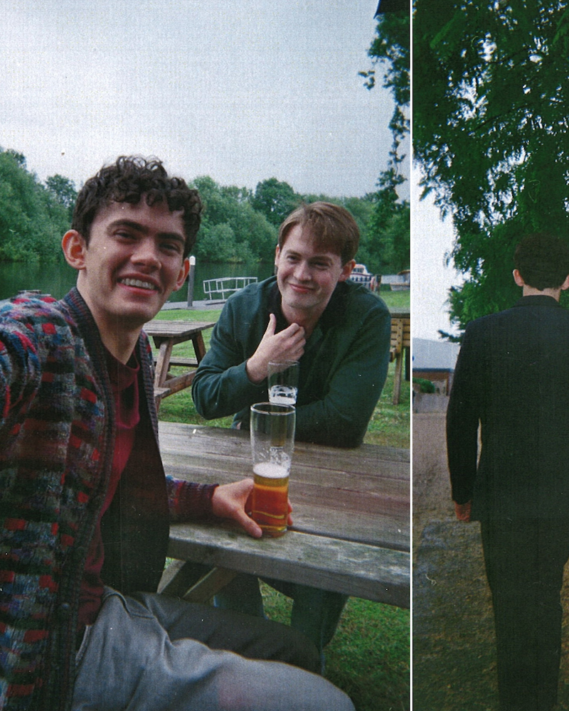 Disposable photo of Joe Locke as Charlie Spring and Kit Connor as Nick Nelson with beer glasses in a park in Heartstopper Forever