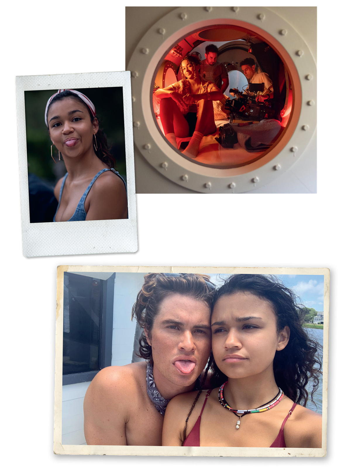 Three photos: a woman outdoors sticking out her tongue, a group inside a round submarine window during filming, and a man and woman making funny faces together outside by water.