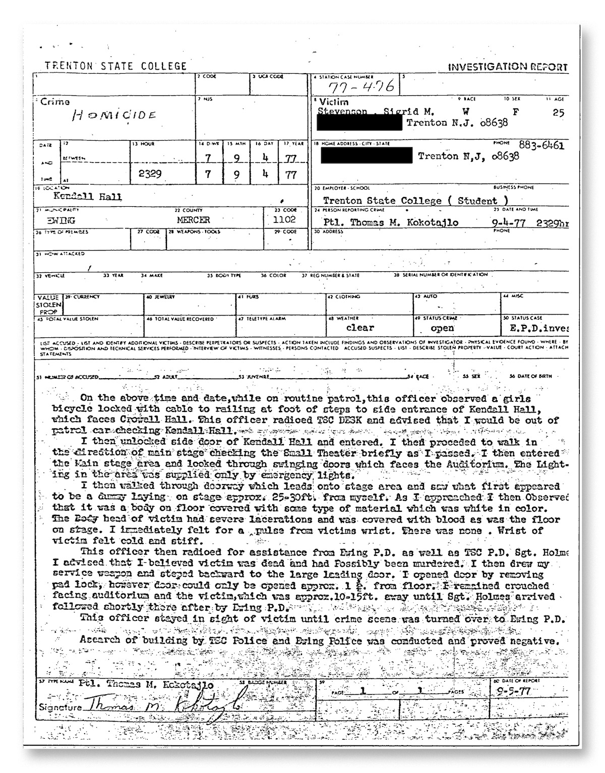 The original police report filed by campus officer Thomas Kokotajlo.