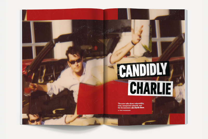 A man in sunglasses sits in a red convertible car with the door open, giving a peace sign. The photo is vintage and blurred, featured in a magazine spread titled "Candidly Charlie" with bold text on a red background.