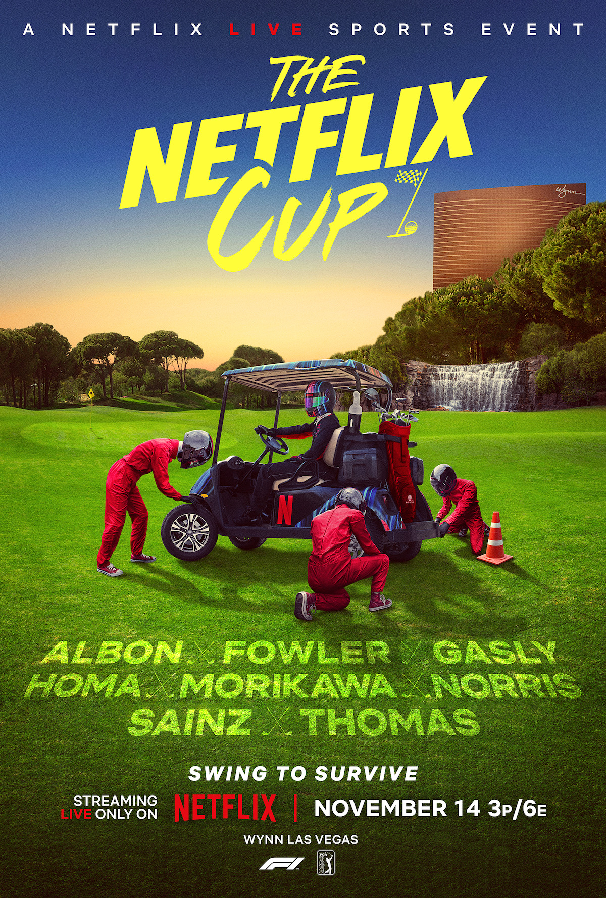 ‘The Netflix Cup’ key art. A pit crew in red jumpsuits surrounds a golf cart working to turn it around fast. ‘Swing to Survive’ Streaming live only on Netflix Nov. 14 3 p.m. PT /6 p.m. ET