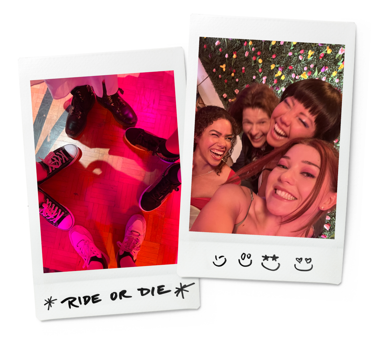 Two polaroids of the four friends’ feet, and a selfie