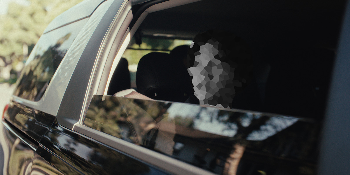 Person with pixelated face sitting in the back seat of a black car, seen through an open window, with trees and buildings reflected on the car's exterior in a sunny outdoor environment.