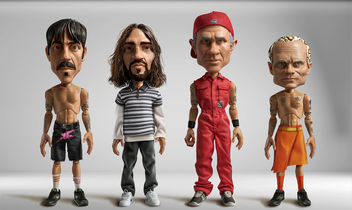 The four members of the Red Hot Chili Peppers rendered as animated dolls.