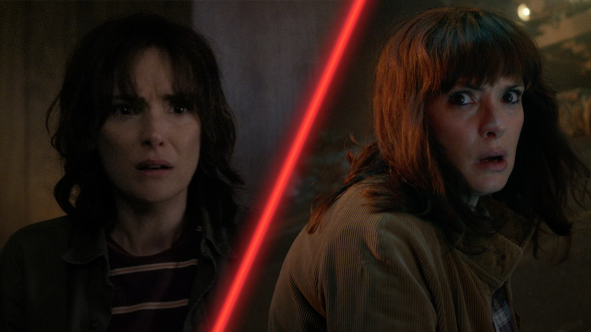 Diptych of Winona Ryder as Joyce Byers in ‘Stranger Things’ Season 1 and Season 5.