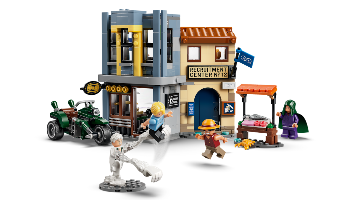 LEGO ONE PIECE city scene with detailed buildings, minifigures in action, a recruitment center, street vendor stall, motorcycle, and various accessories.
