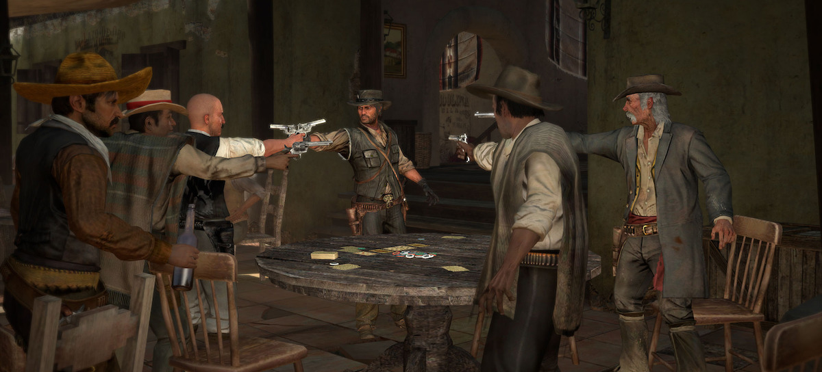 Men with pistols drawn over a card table in the game Red Dead Redemption.