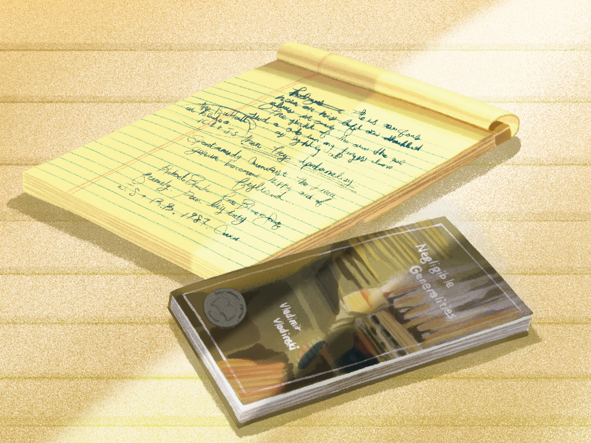 An illustration of the narrator’s yellow legal pad and Vladimir’s book.
