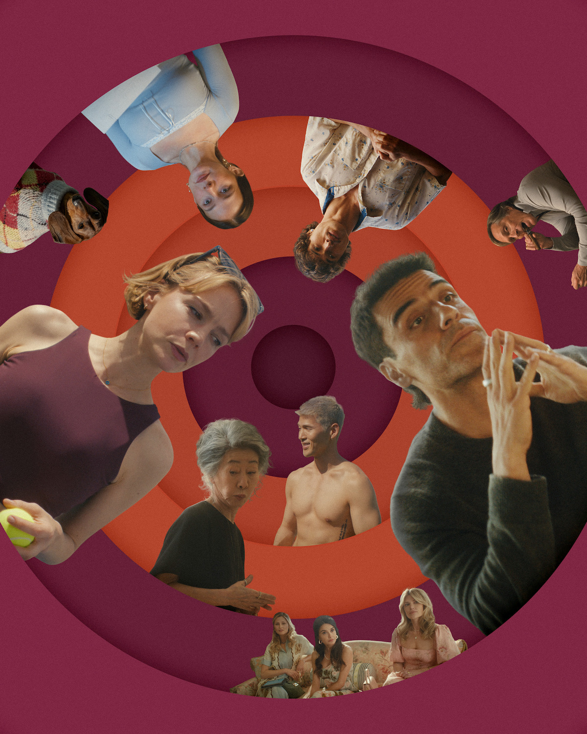 A photo illustration visualizing the vortex of beefs of Josh (Oscar Isaac) and Lindsay (Carey Mulligan) in BEEF Season 2 featuring their dog Burberry, Cailee Spainey as Ashley, Chalres Melton as Austin, William Fletcher as Troy, Mikaela Hoover as Ava and her country club cohort, Youn Yuh-jung as Chairwoman Park, and Matthew “BM” Kim as Woosh.