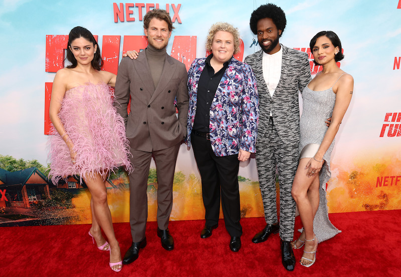 Monica Barbaro, Travis Van, Fortune Feimster, Milan Carter, and Aparna Brielle at the FUBAR red carpet premiere. 