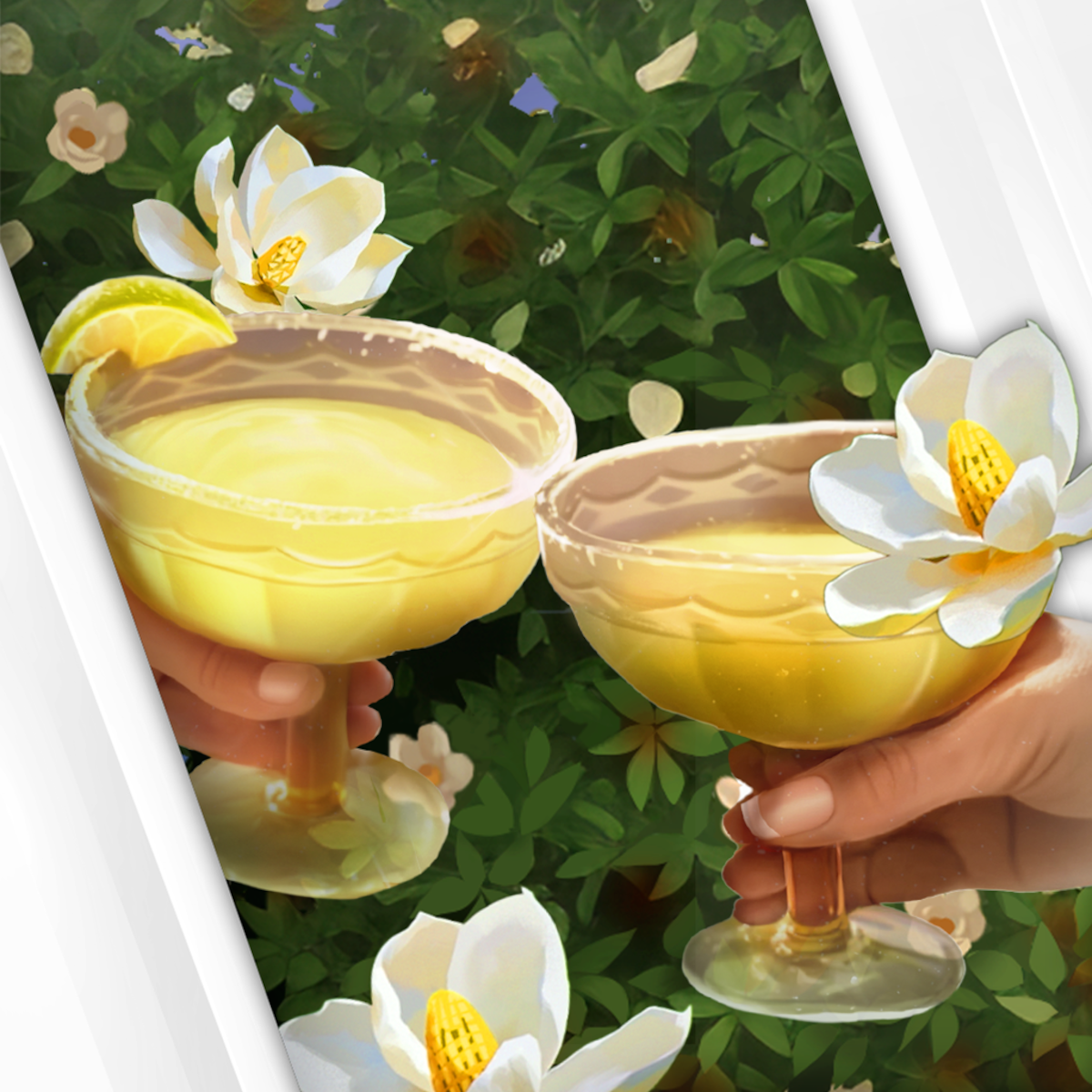 An app icon from the mobile game ‘Netflix Stories: Sweet Magnolias’, featuring two cocktail glasses clinking together.