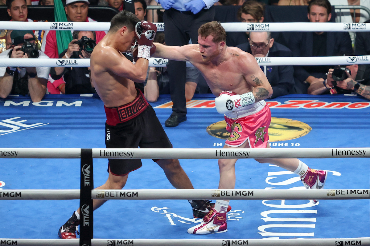 Canelo Alvarez throws a punch against WBA super light heavyweight champion Dmitry Bivol at T-Mobile Arena on May 7, 2022.