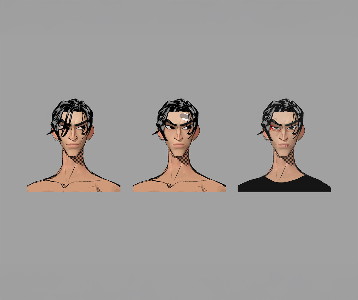 Three development drawings of Ken Sato's head, with his hair in various levels of dishelvement.