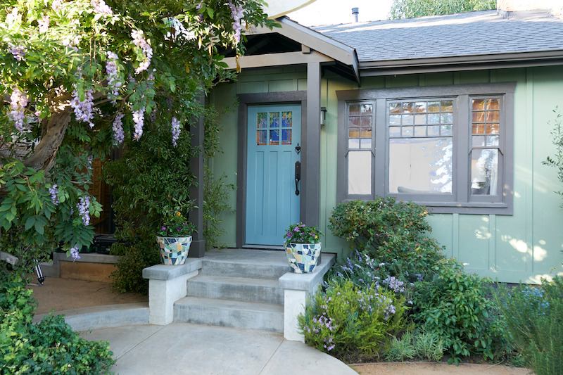 Blue front door of a house. 