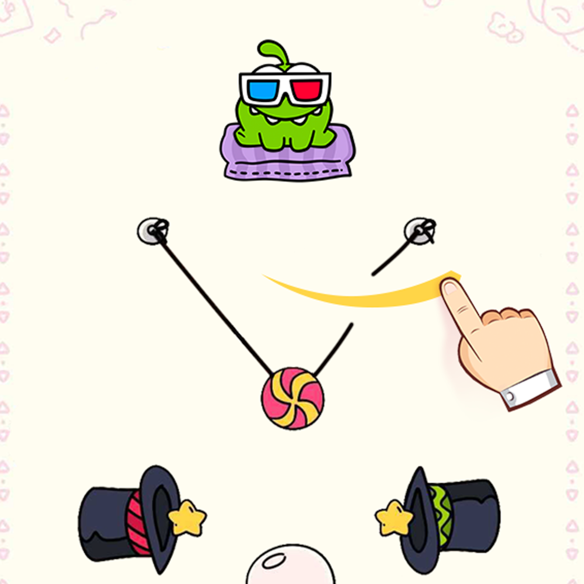 An in-game screenshot of Cut the Rope Daily mobile game, showing a hand swiping across the screen and cutting a rope.
