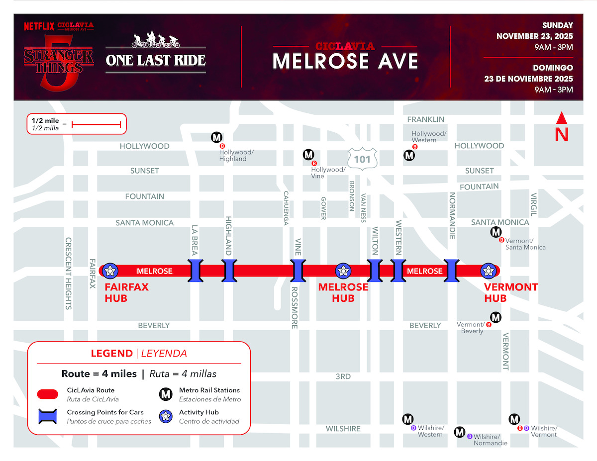 Map showing a 4-mile ‘Stranger Things’ CicLAvia event route along Melrose Ave in Los Angeles with Fairfax, Melrose, and Vermont Hubs, street names, crossing points, and event details, giving a festive and organized community atmosphere.