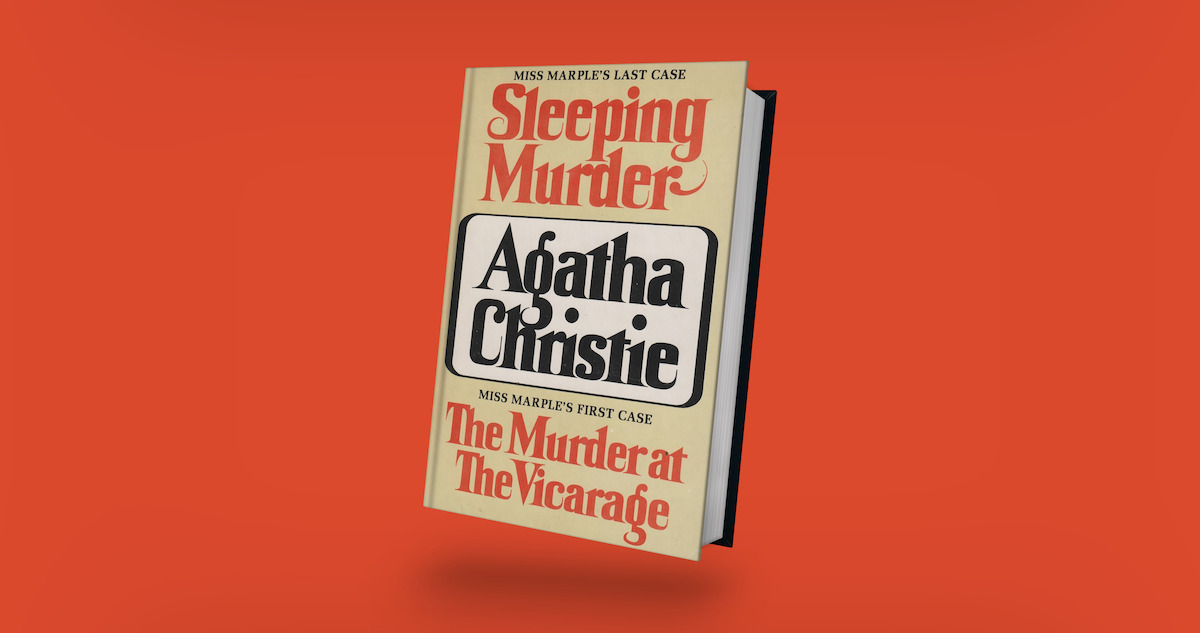 A hardcover Agatha Christie book with a vintage cover design floats on a red background, featuring the titles "Sleeping Murder" and "The Murder at The Vicarage." The mood is classic and intriguing.