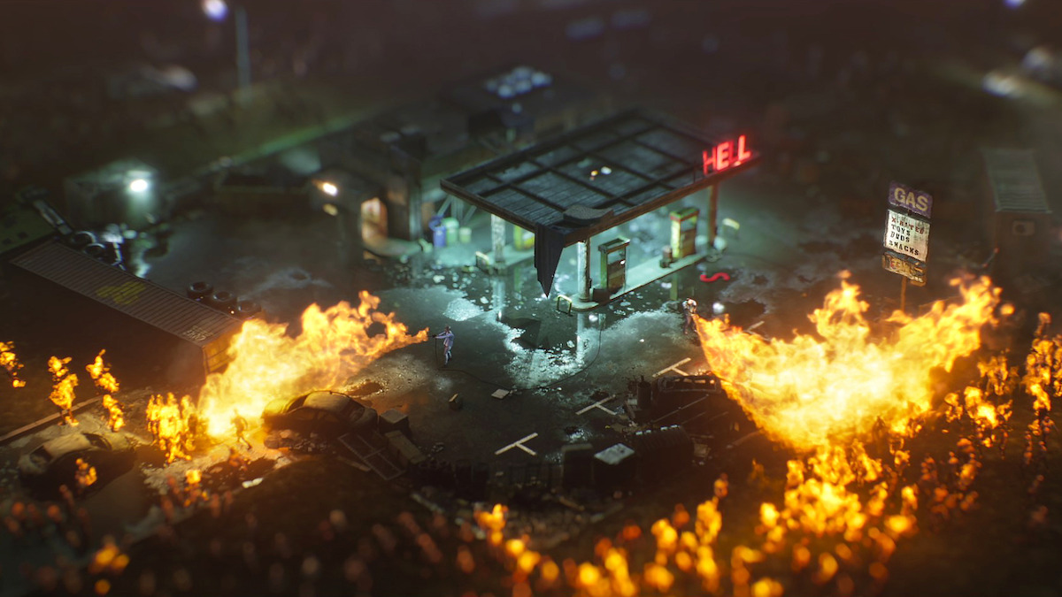 A miniature gas station burns in “Night of the Mini Dead” from ‘Love, Death, + Robots’ Volume 4