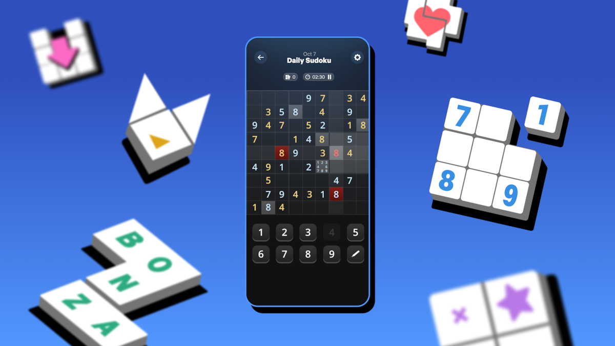 A smartphone displaying a daily Sudoku puzzle app is centered on a blue background, surrounded by various colorful puzzle tiles, creating a playful and intellectually engaging mood.
