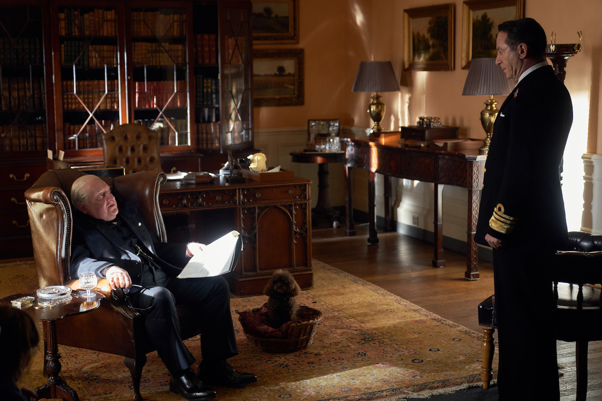 Winston Churchill (Simon Russell Beale) gets an update from Admiral John Godfrey (Jason Isaacs) in Operation Mincemeat.