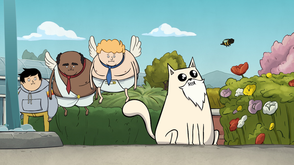 A bearded cat watches a bee fly over flowers while two winged men and a boy stand behind him in season 1 of ‘Exploding Kittens’r