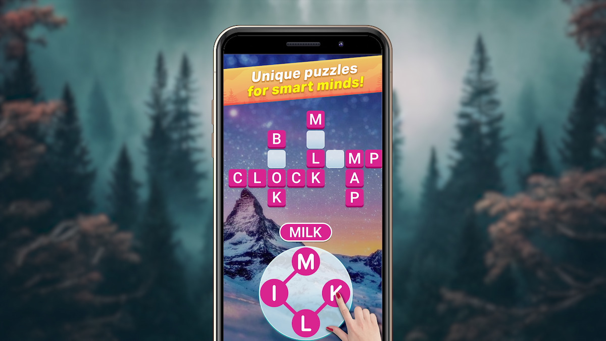 A mobile game screen with a word puzzle featuring the word "MILK" against a snowy mountain and forest background. The prompt says "Unique puzzles for smart minds!" with pink letter tiles forming other words.