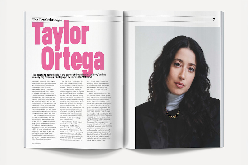 Magazine spread featuring an article about Taylor Ortega with large pink headline text on the left and a portrait of a woman with long dark hair, wearing a black outfit and gold necklace, against a neutral background on the right.