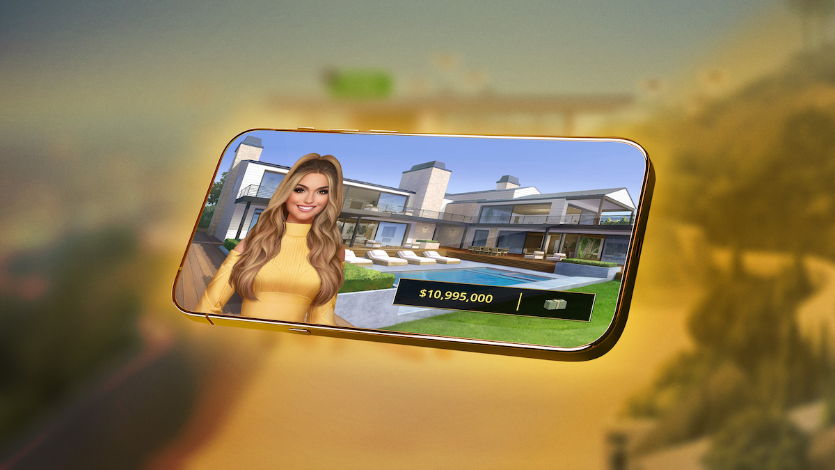 Story art for the mobile game ‘Netflix Stories: Selling Sunset,’ featuring an in-game screenshot embedded within an iPhone screen