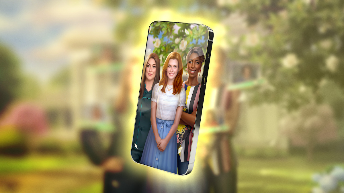 An in-game screenshot from the mobile game ‘Netflix Stories: Sweet Magnolias,’ embedded within a floating iPhone screen.