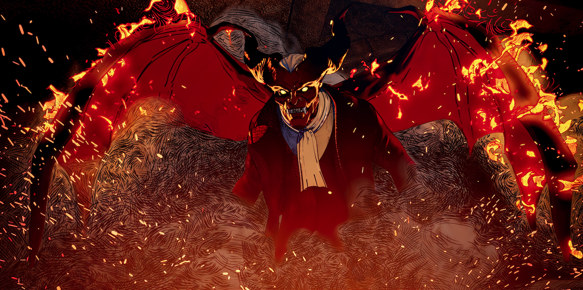 Animated still of a demonic creature with his wings spread in the episode “For He Can Creep” from ‘Love, Death + Robots’ Volume 4