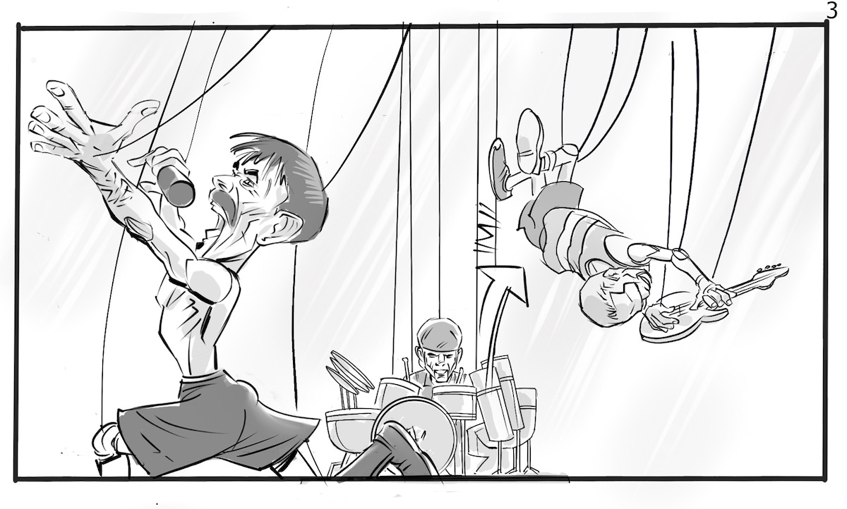 Storyboard sketch of the puppet versions of Anthony Kiedis, Flea, and Chad Smith playing their instruments on stage.