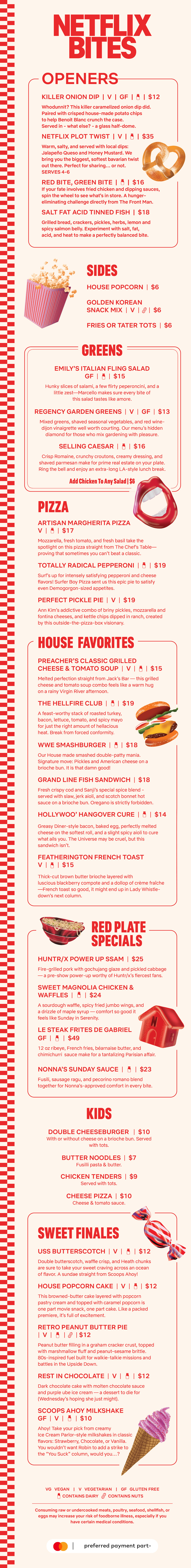 Infographic listing ice cream and Netflix show pairings with brief descriptions, colorful illustrations of each ice cream, and a fun, cozy mood for binge-watching inspiration. Red and cream design with playful icons and text.