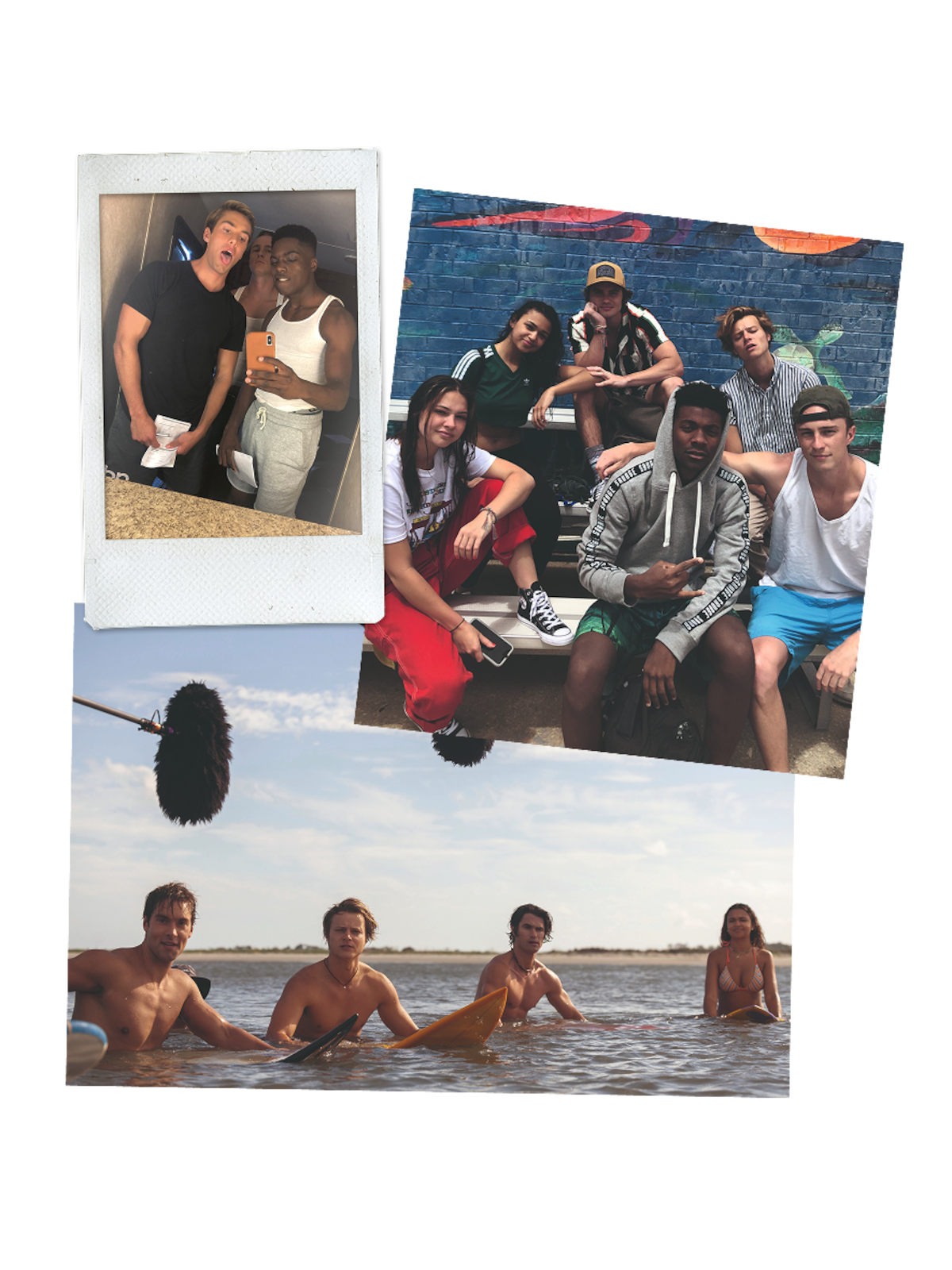 Three photos of a group of young friends, posing indoors, sitting by a colorful mural outside, and paddling on surfboards in the water under a cloudy sky, with a film microphone visible in one scene.