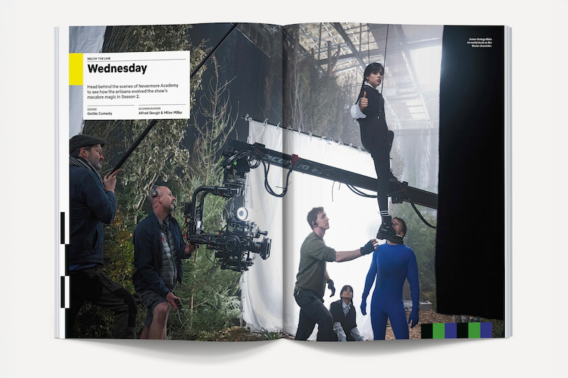 Behind-the-scenes photo of a film crew shooting an actress in costume suspended by wires on a set with greenery, white backdrop, camera operators, lighting and crew in motion capture suits preparing a scene for a TV show or movie.
