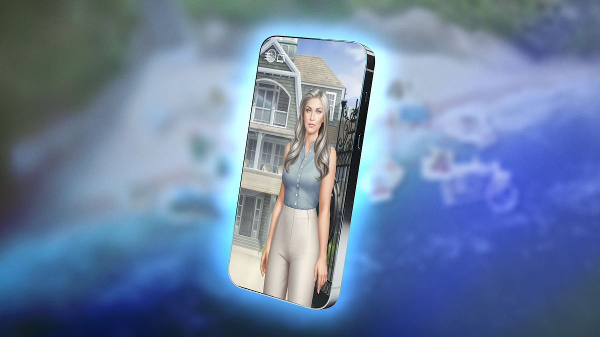 An in-game screenshot from the mobile game ‘Netflix Stories: The Perfect Couple’, embedded within a floating iPhone screen.