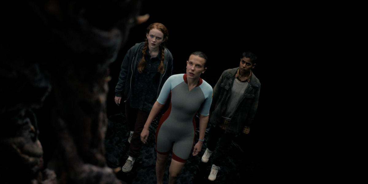 Sadie Sink as Max Mayfield, Millie Bobby Brown as Eleven, and Linnea Berthelsen as Kali in ‘Stranger Things 5’