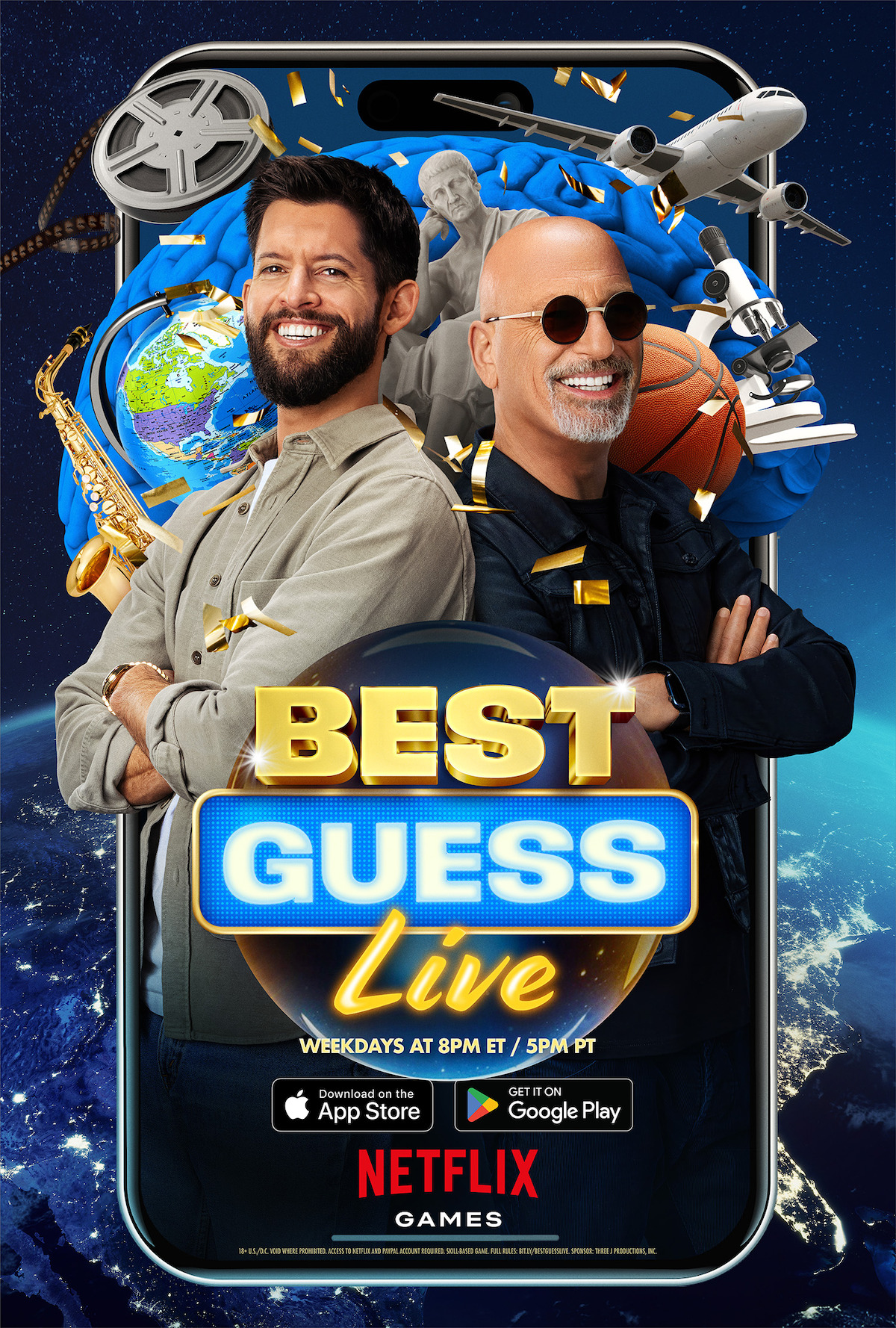 An image of comedians Howie Mandel and Hunter March, both men with beards, standing inside of a smartphone, in the background is an outline of the United States filled with items like airliners, saxophones, and microscopes, insinuating the quiz topics.